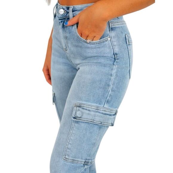 RISEN Retro Cargo High-Rise Slim Flare Tapered Acid Wash Denim Jeans Utility Pan - Picture 10 of 10